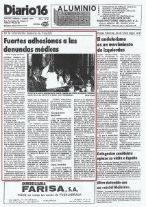 Articulo del Diario 16 informando que más médicos se habían sumado a las denuncias de justicia sanitaria en la convención de La Laguna